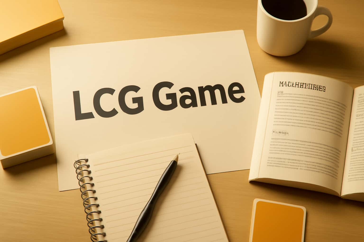 An informational scene illustrating the concept of LCG Game Guides with #fcc603 accents.
