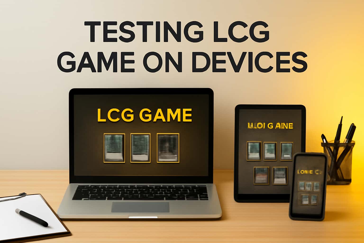 A neutral informational graphic illustrating the Testing LCG Game process on different devices.